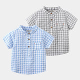 Children's Cotton Blue Short-sleeved Shirt Fashion Casual Short-sleeved Plaid Shirt - Enfance-Heureuse
