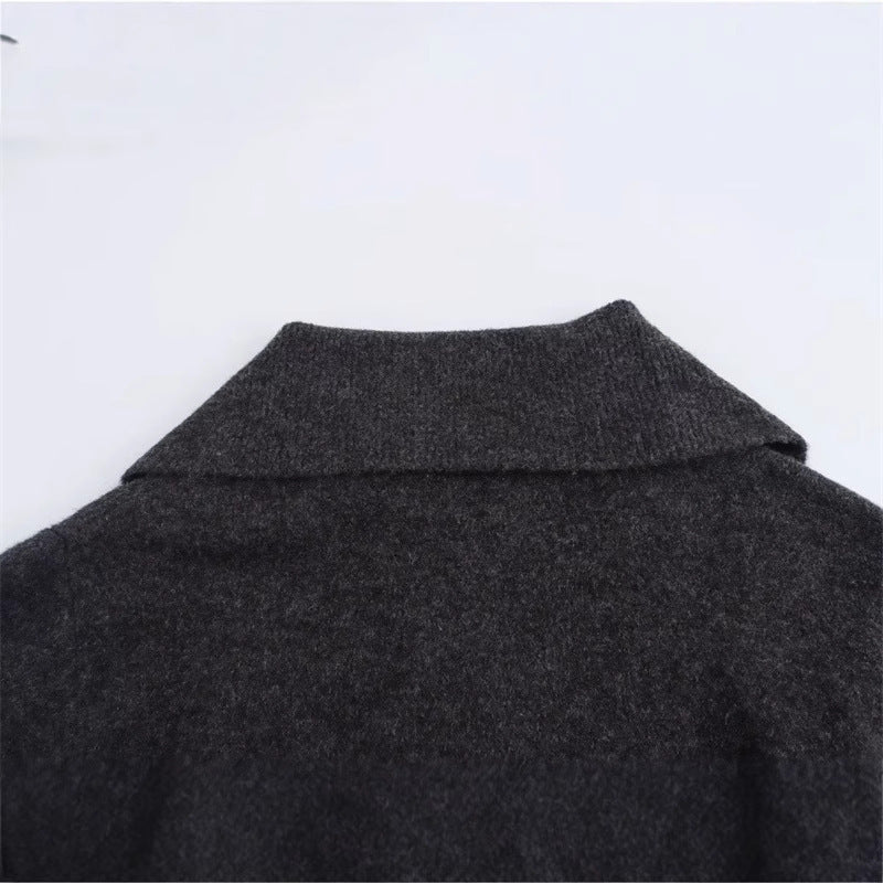 Simple Big Lapel Long Sleeve Pocket Pullover Sweater - Enfance-Heureuse