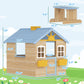 Wooden Playhouse For Kids Outdoor Garden With Working Door, Windows, Bench, Service Station, Flowers Pot Holder, Blue