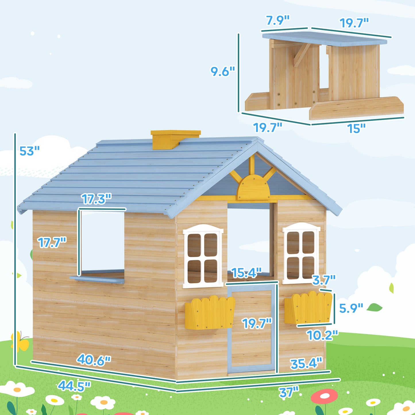 Wooden Playhouse For Kids Outdoor Garden With Working Door, Windows, Bench, Service Station, Flowers Pot Holder, Blue
