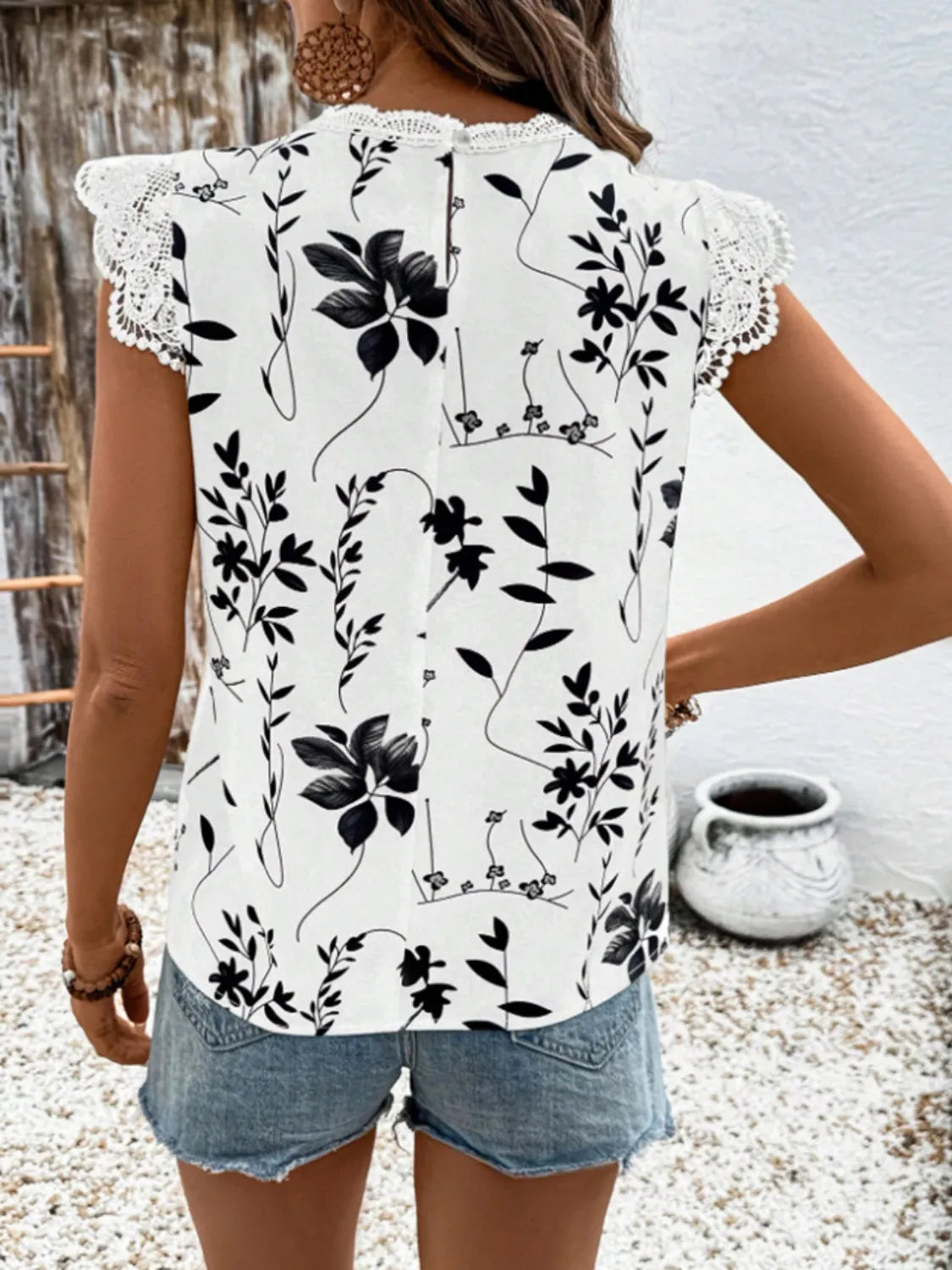 Lace Detail Printed Cap Sleeve Blouse - Enfance-Heureuse