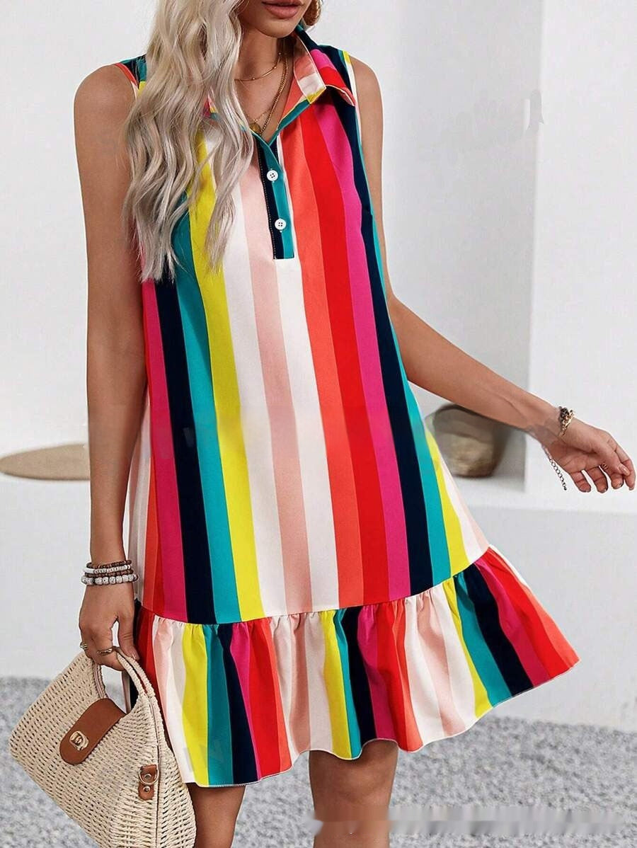 Shirt Collar Decorated With Buttons Sleeveless Dress - Enfance-Heureuse