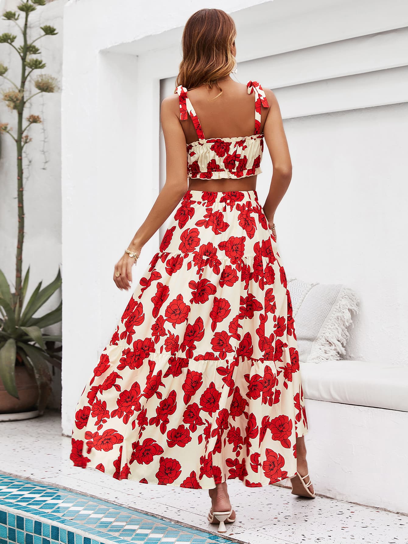 Honey Floral Tie Shoulder Top and Tiered Maxi Skirt Set - Enfance-Heureuse