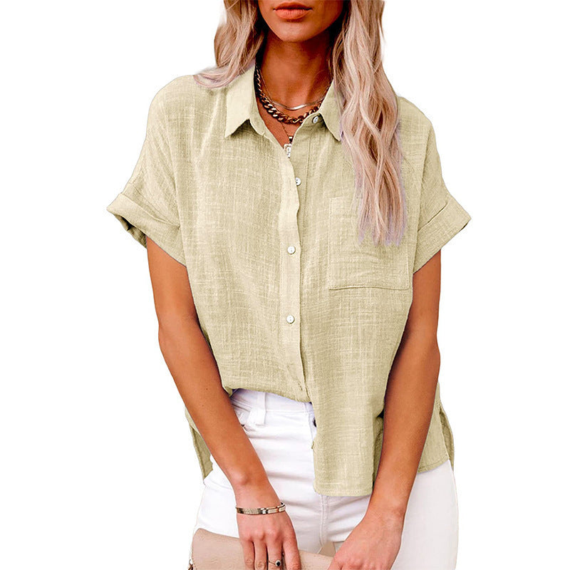 Summer Lapel Short Sleeve Shirt With Pockets Fashion Casual Solid Color Button Tops Women's Clothing - Enfance-Heureuse