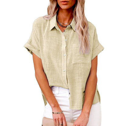 Summer Lapel Short Sleeve Shirt With Pockets Fashion Casual Solid Color Button Tops Women's Clothing - Enfance-Heureuse