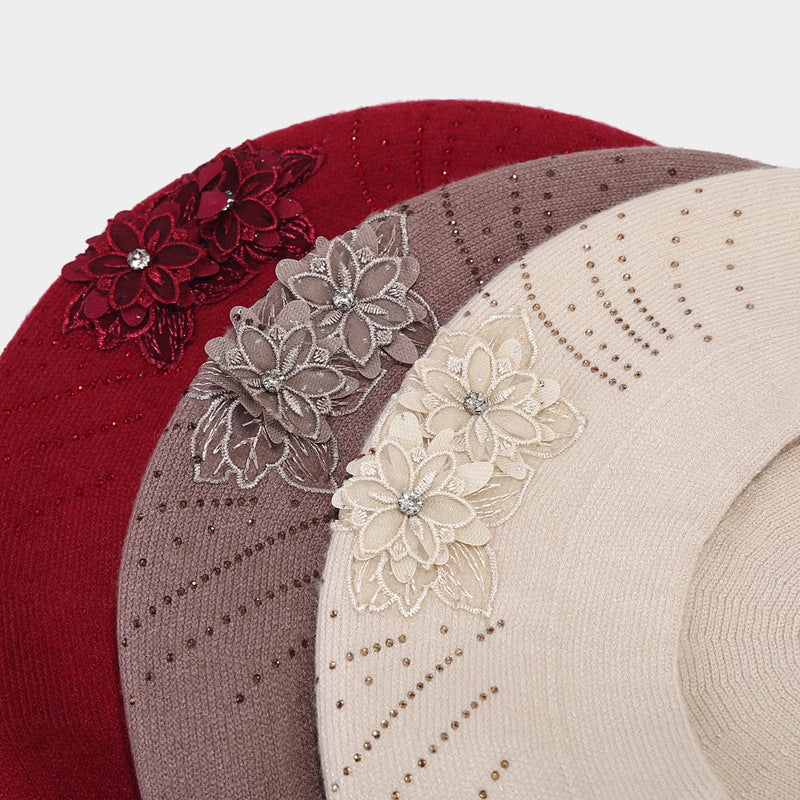 British Retro Beret Women's Fashion Flower Rhinestone Knitted Painting