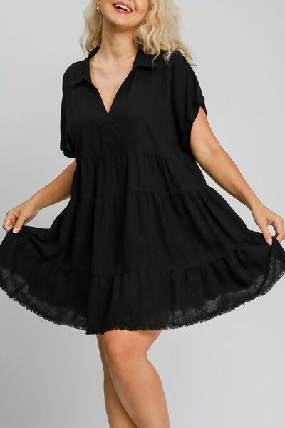 Umgee Full Size Raw Hem Folded Sleeve Tiered Dress Plus Size - Enfance-Heureuse