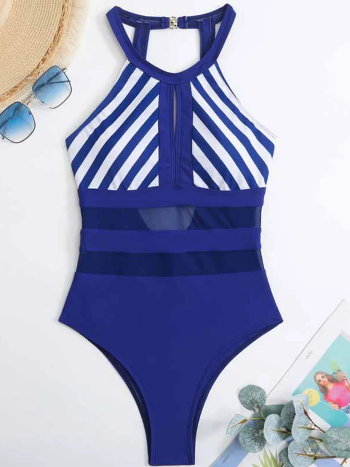 Mesh Detail Backless Striped One-Piece Swimsuit - Enfance-Heureuse
