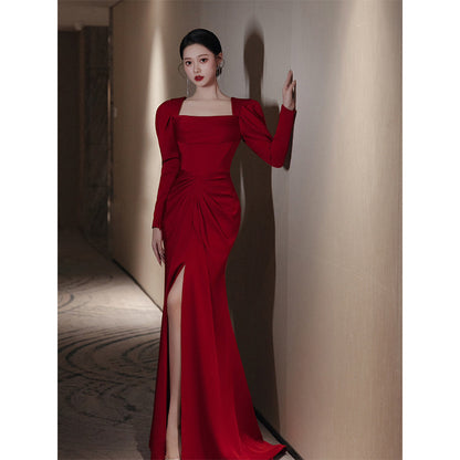 Bride Fishtail Square Collar Long Sleeve Design Simple Satin Evening Dress - Enfance-Heureuse