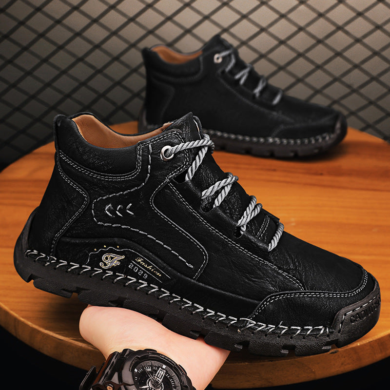 Fleece-lined Warm Mid-top Cotton-padded Shoes Soft Bottom Stitching Non-slip Men's Outdoor Leisure Shoes - Enfance-Heureuse