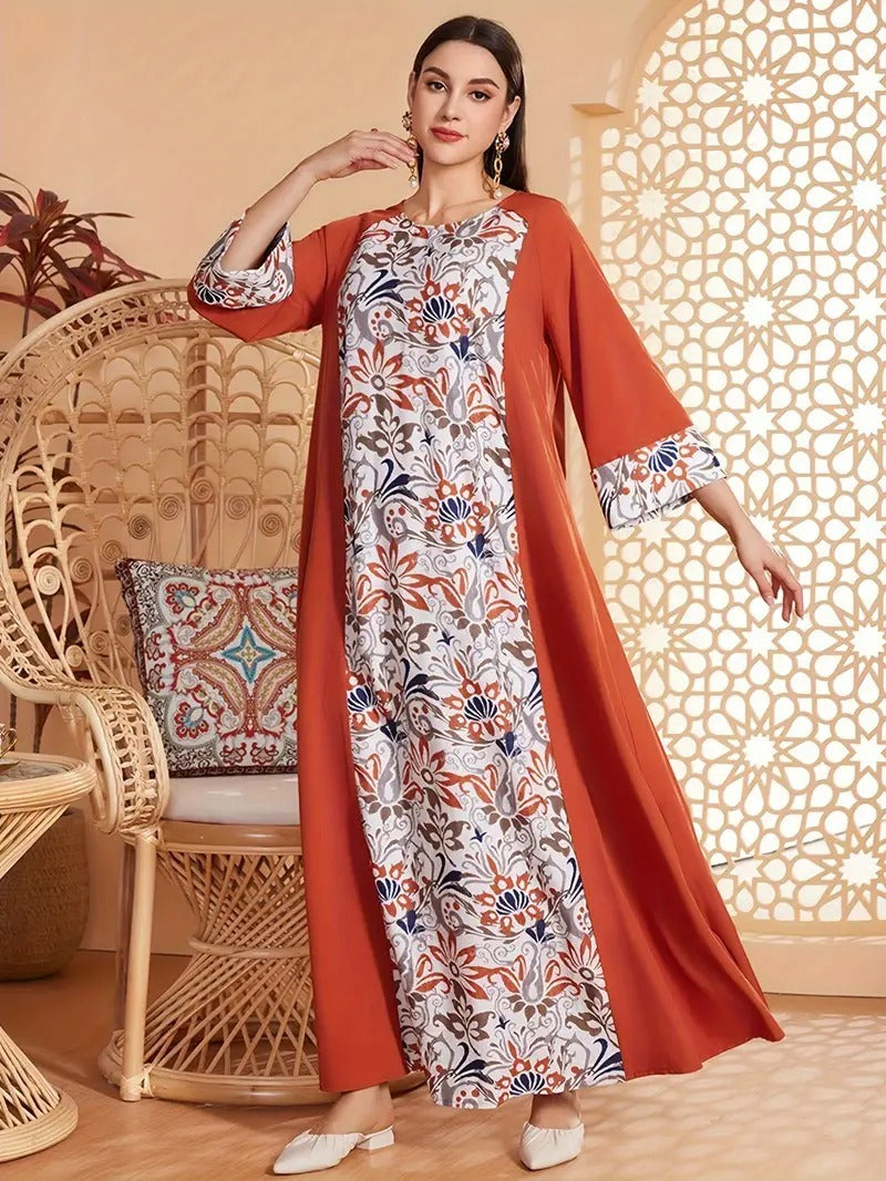 Elegant Floral Print Long Sleeved Abaya Robe Dress - Enfance-Heureuse