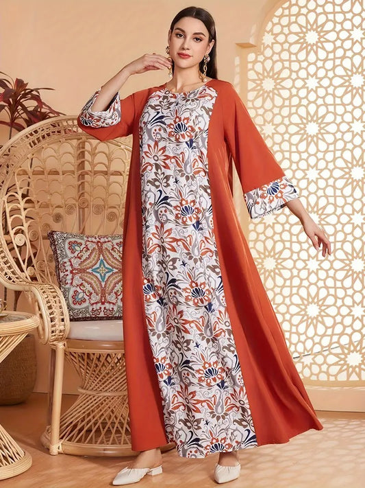Elegant Floral Print Long Sleeved Abaya Robe Dress - Enfance-Heureuse