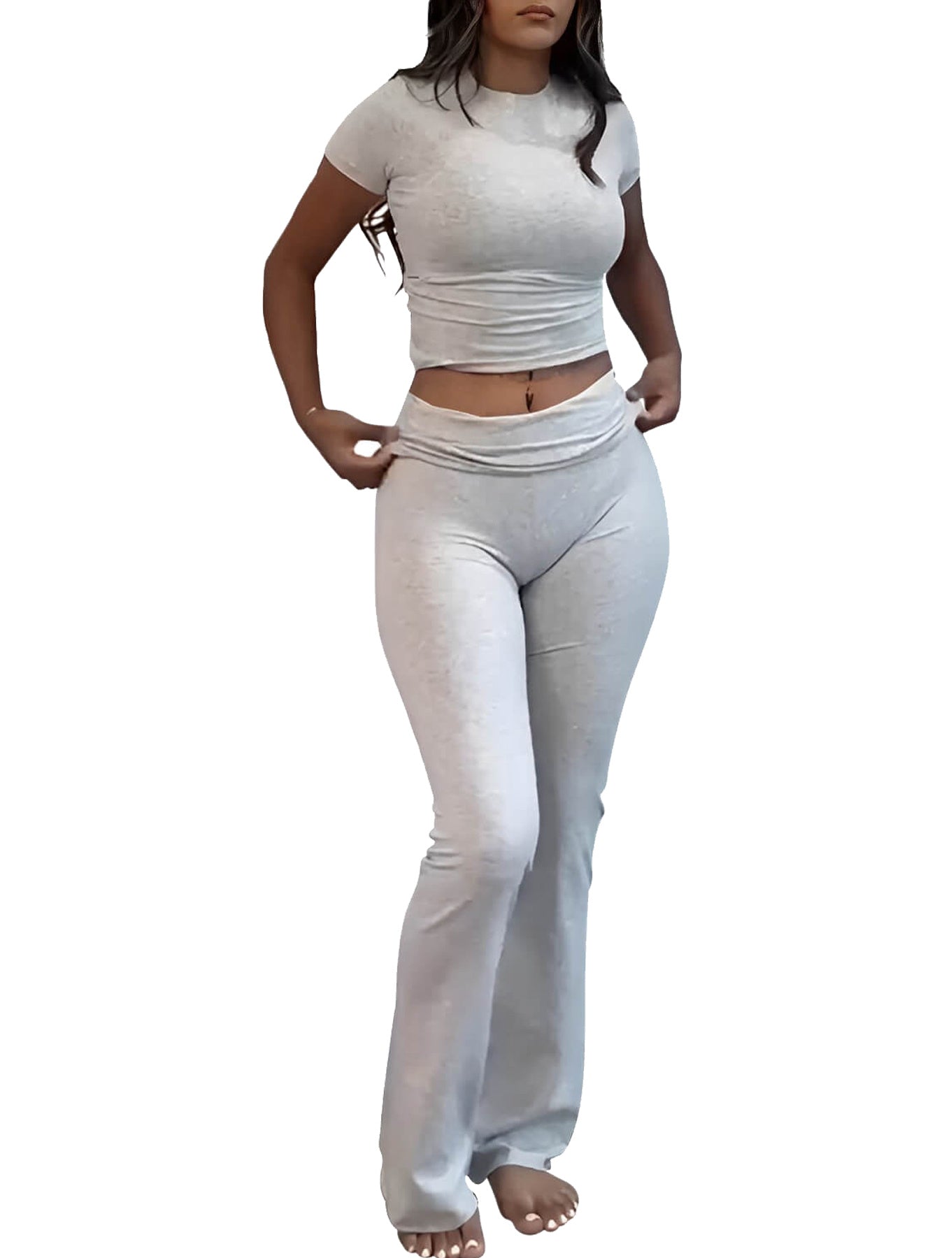 Casual Solid Color Slim Fit Two-piece Pants Set, Short Sleeved Round Neck T-shirt And Tight Flared Pants Sports Pants Clothing, Women's Clothing - Enfance-Heureuse