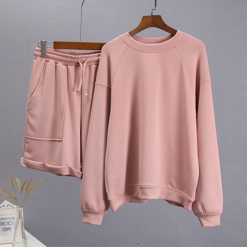 Women's Fashion Casual Solid Color Round Neck Long Sleeve Sweater Shorts Set - Enfance-Heureuse