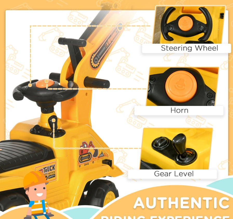 3-in-1 Ride On Excavator Digger Scooter & Pulling Cart, Construction Pretend Play Toy For Kids - Enfance-Heureuse