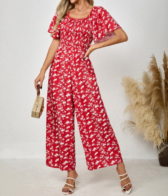 Ladies' Printed Square Neck Fashionable Loose Vacation Style Jumpsuit - Enfance-Heureuse