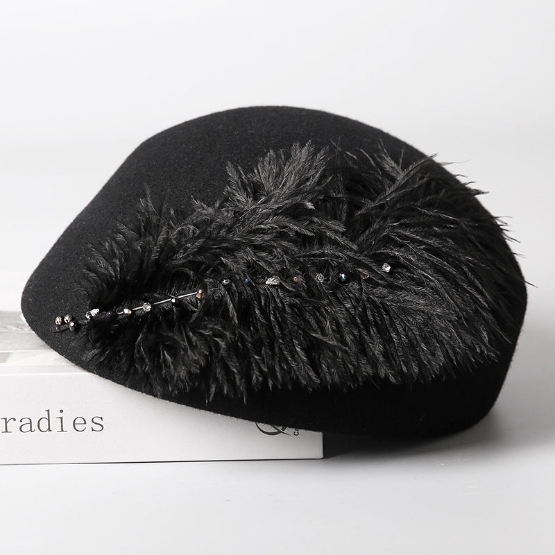 Autumn And Winter Retro Style Feather Decorative Wool Beret