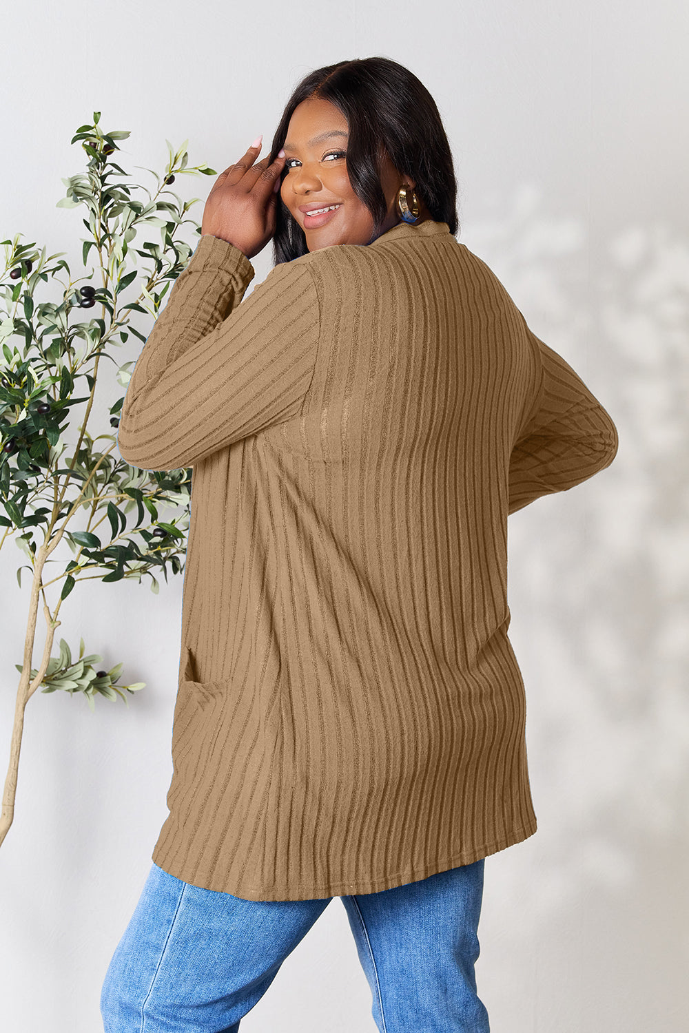 Basic Bae Full Size Ribbed Open Front Cardigan with Pockets - Enfance-Heureuse