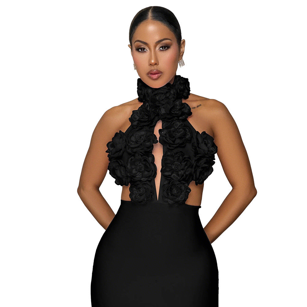 Vestido sexy con cuello halter y flores grandes para mujer