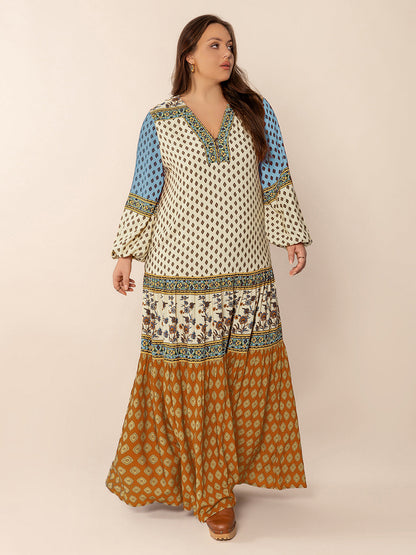 Robe longue imprimée grande taille à col en V et manches ballon