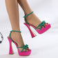 Bright Color-blocking Bow Thick-soled Buckle Chunky High Heels - Enfance-Heureuse