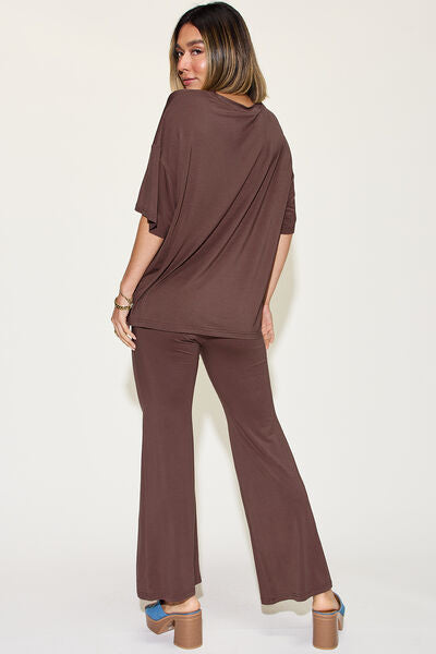 Basic Bae Full Size Bamboo Drop Shoulder T-Shirt and Flare Pants Set - Enfance-Heureuse