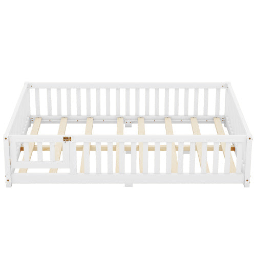Full Size Bed Floor Bed With Safety Guardrails And Door For Kids, White - Enfance-Heureuse