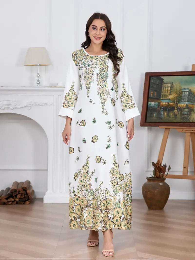 Elegant Flower Diamond Robe Dress - Women's Long Sleeve Round Neck Long Dress - Enfance-Heureuse