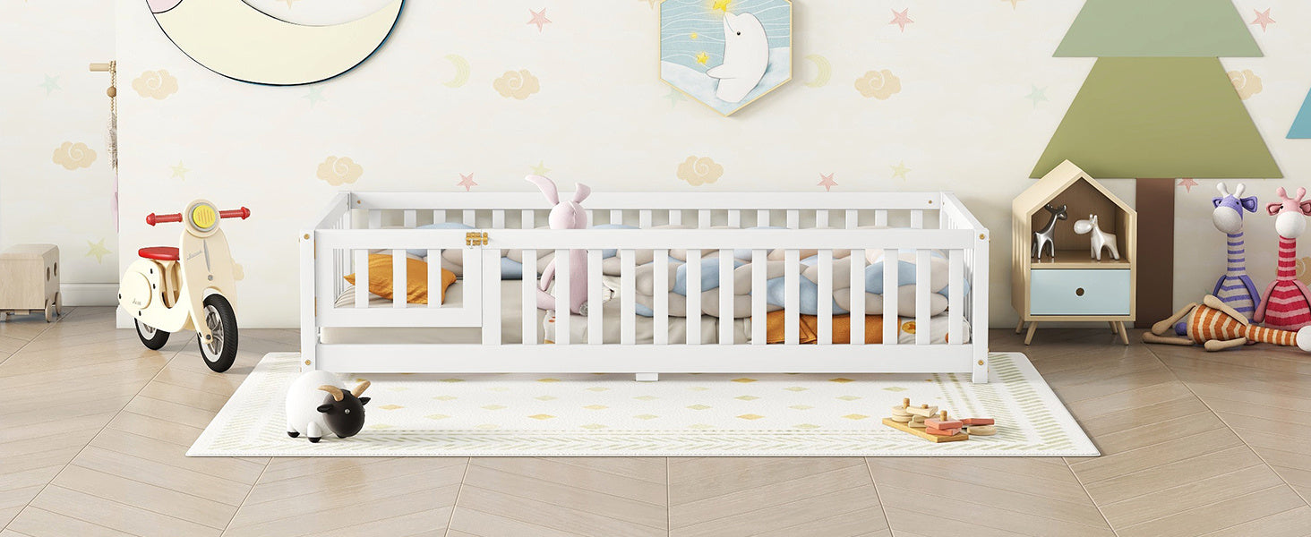Twin Size Bed Floor Bed With Safety Guardrails And Door For Kids, White - Enfance-Heureuse