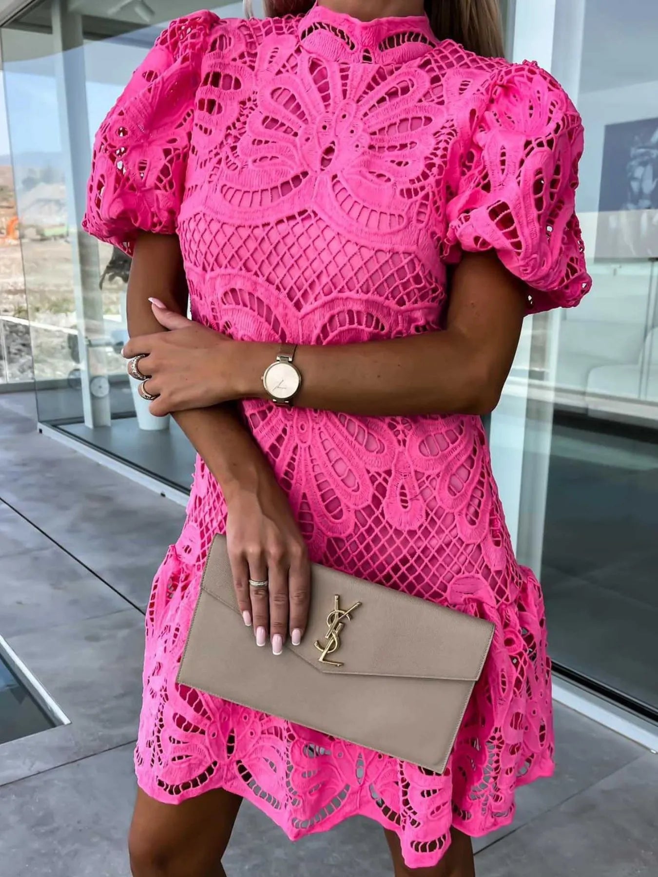 Lace Mock Neck Puff Sleeve Dress - Enfance-Heureuse