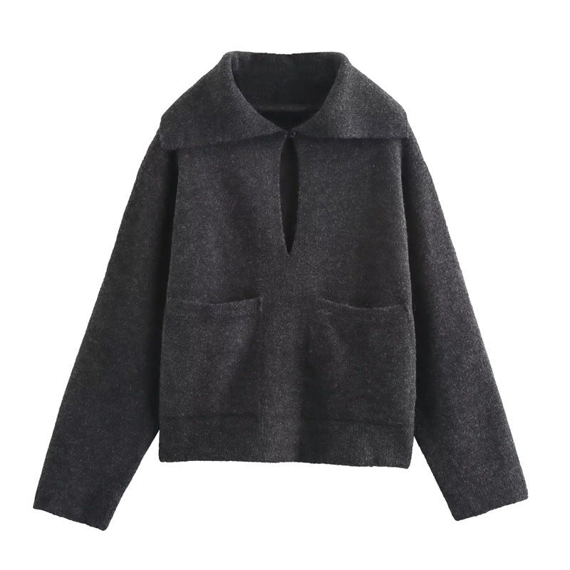 Simple Big Lapel Long Sleeve Pocket Pullover Sweater - Enfance-Heureuse