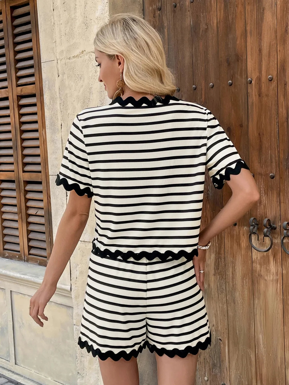 Tied Front Striped Top and Shorts Set - Enfance-Heureuse