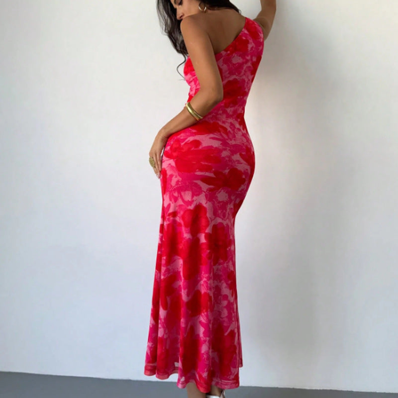 European And American Style Irregular Pattern Print Shoulder Belt Sling Dress Women - Enfance-Heureuse