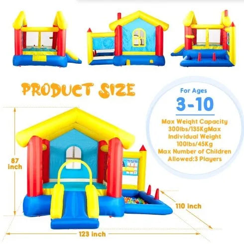 8 In 1 Inflatable Bounce House With Blower Basketball Hoop Ocean Balls Ring-toss Game Target And Sticky Ball Game For Kids - Enfance-Heureuse