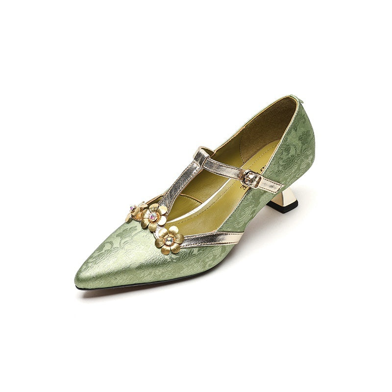 Stiletto Heel T-shaped Flower Leather Pointed High Heel Shoes - Enfance-Heureuse