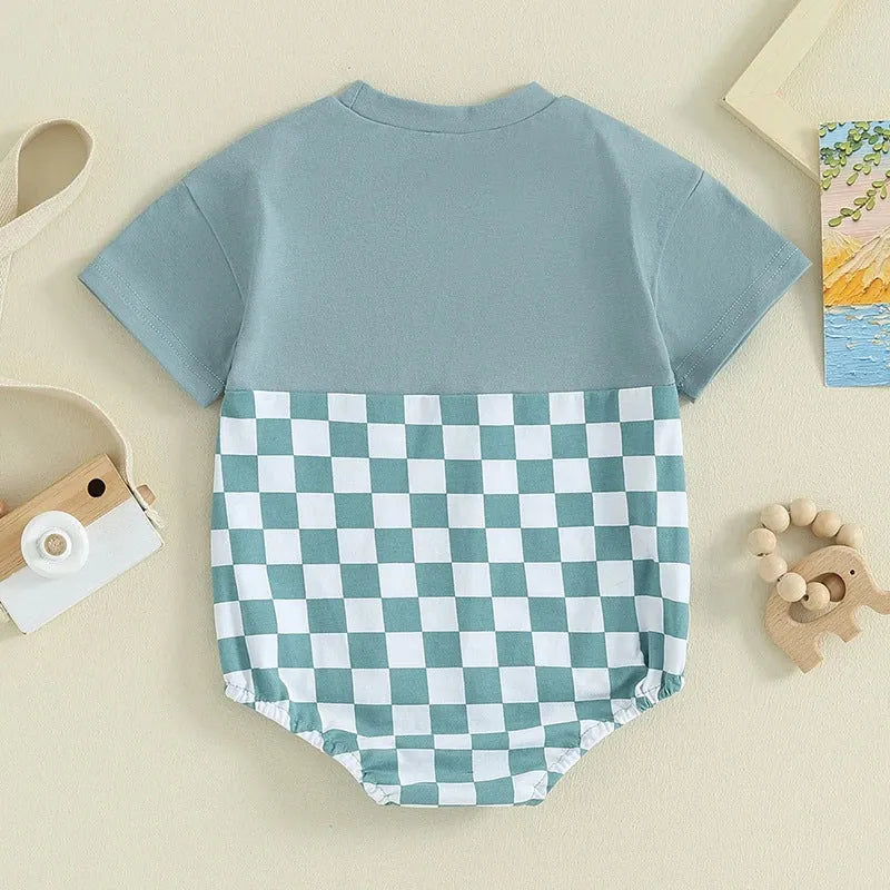 Baby Summer Jumpsuit Waffle Patchwork Pocket Short Sleeve - Enfance-Heureuse