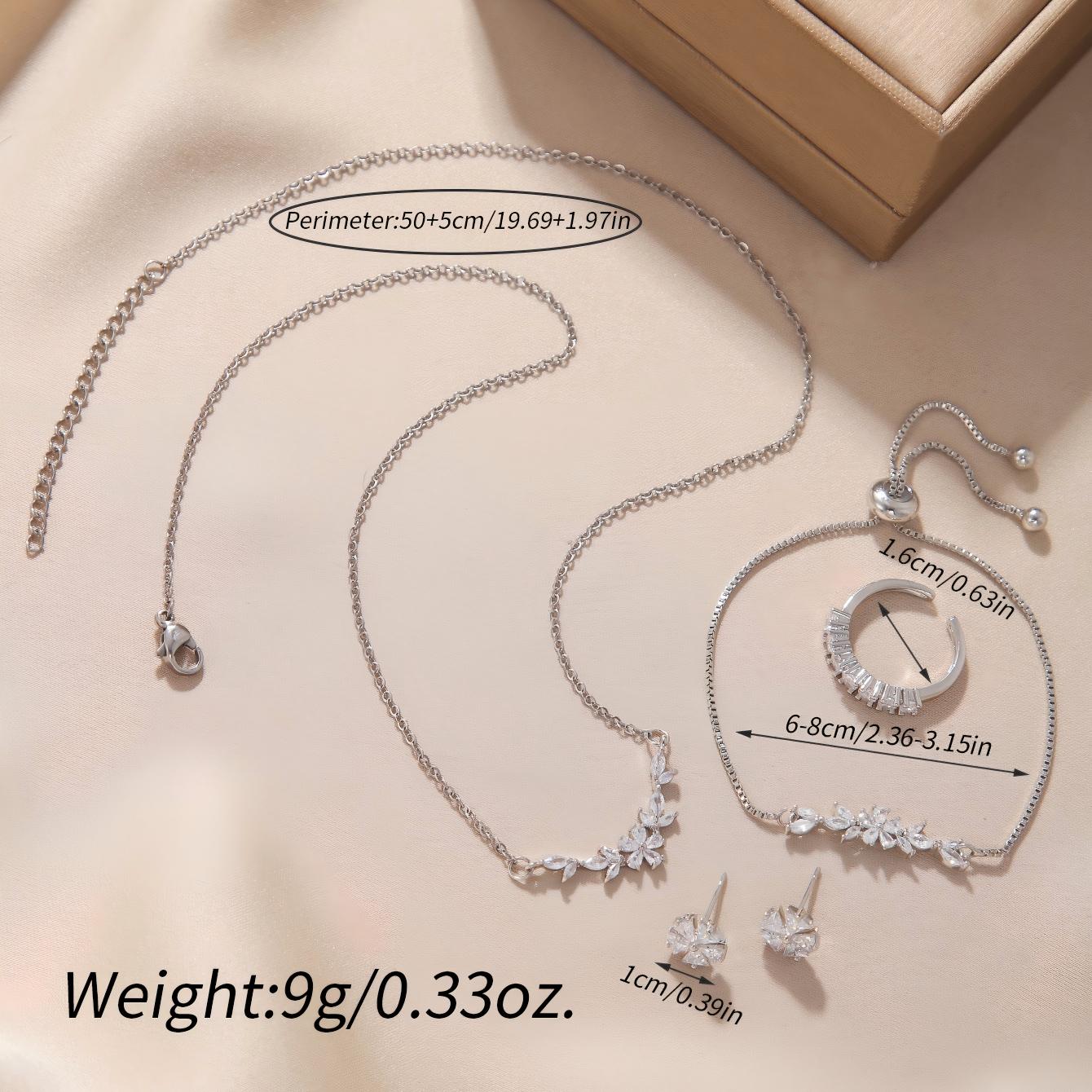 Conjunto de joyería elegante y sencillo con incrustaciones de circonitas, collar de flores de plata, pendientes exquisitos, pulsera y anillo, ideal para uso diario en días festivos de mujer.
