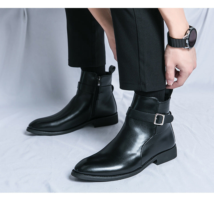 Men's British Style Fashion High-top Leather Shoes Side Zipper Mid-Top Martin Boots - Enfance-Heureuse