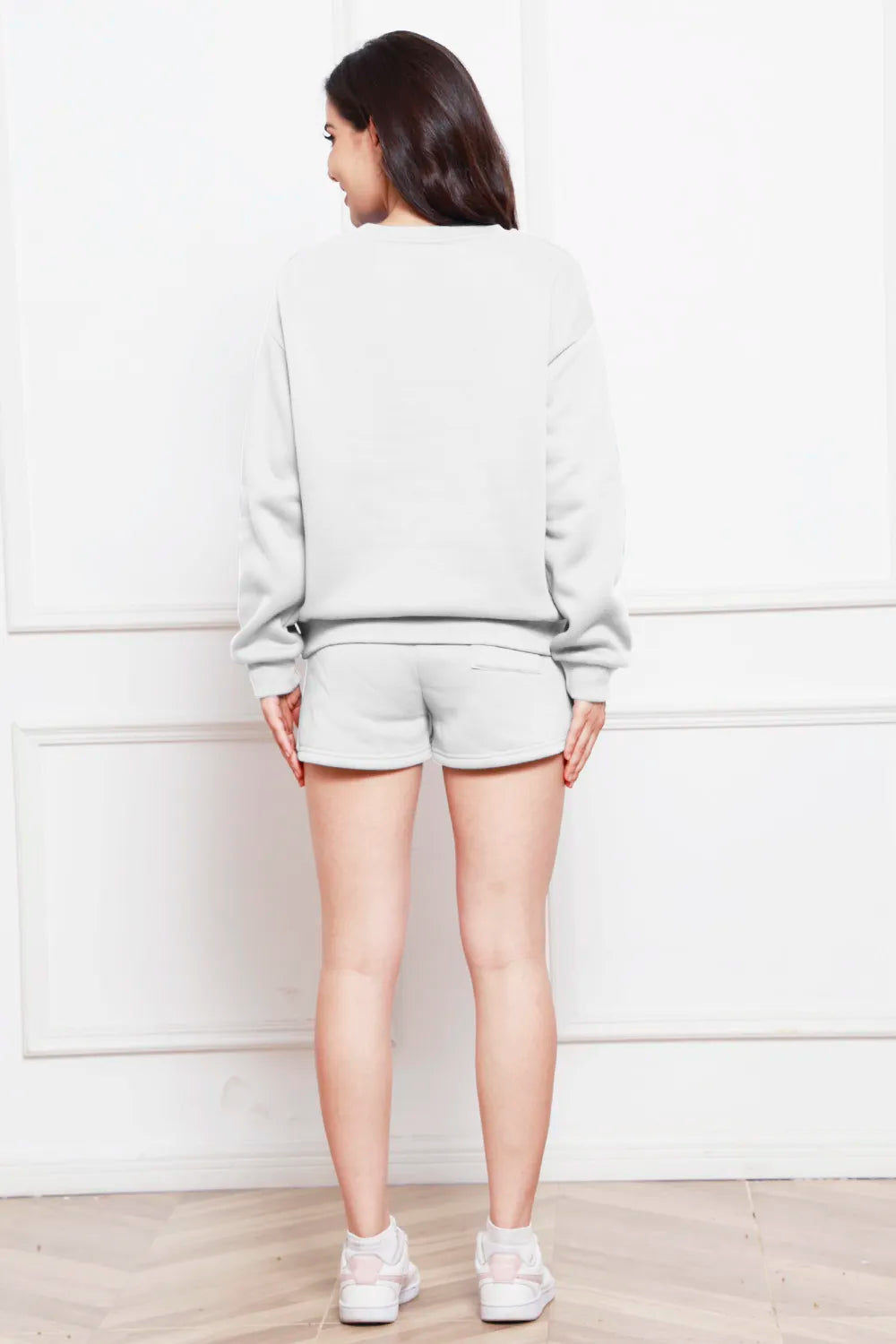 Round Neck Long Sleeve Sweatshirt and Drawstring Shorts Set - Enfance-Heureuse