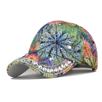 Gorra de béisbol con protección solar para exteriores, colorida, con diamantes de imitación y diseño de ojo de gato