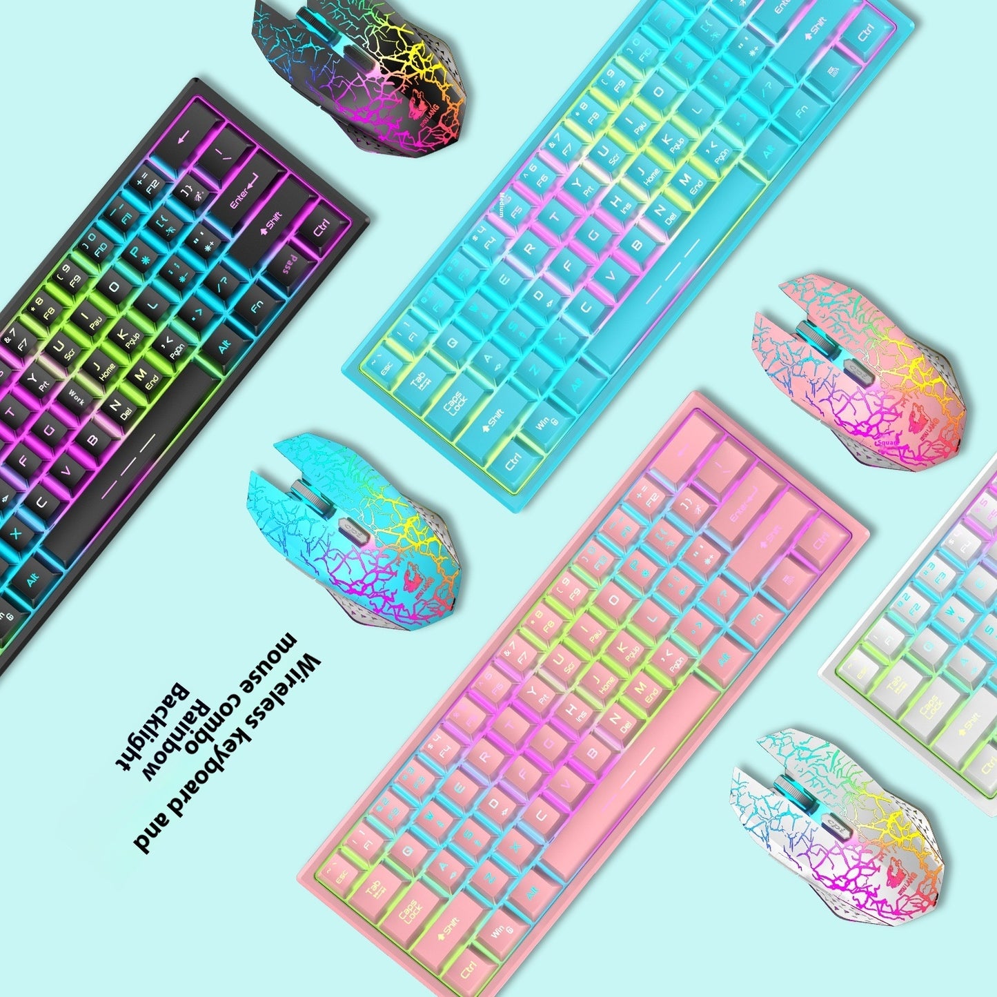 Juego de teclado y ratón inalámbricos Wolf T61 de carga gratuita, juego de teclado y ratón inalámbricos para juegos luminosos de 61 teclas, porcentaje 60