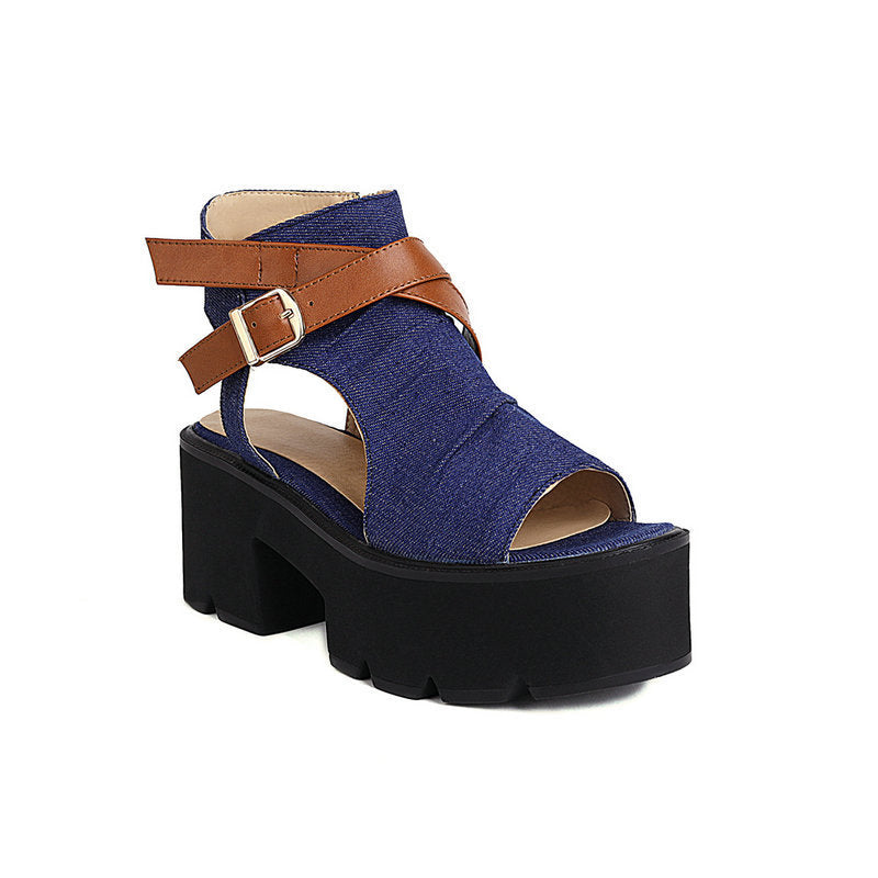 Denim Women's Sandals Leather Ring Strap Peep Toe Cool - Enfance-Heureuse