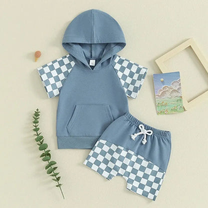 Summer European And American Boys' Plaid Hooded Fleece And Shorts Suit - Enfance-Heureuse