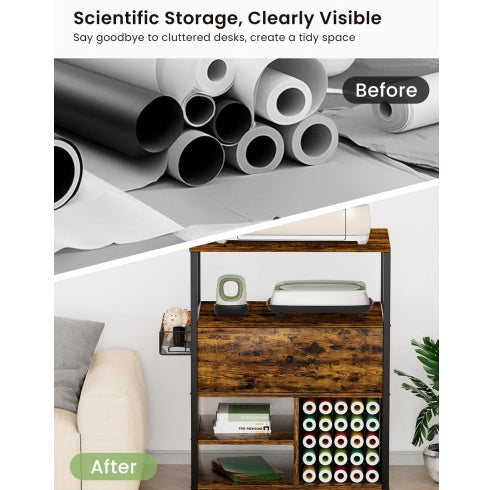 Craft Organization And Storage Cabinet Compatible With Cricut Machines, Crafting Cabinet With Drawer & 25 Vinyl Roll Holder, Craft Table Desk Workstation For Craft Room Home.Rustic Brown. - Enfance-Heureuse