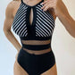 Mesh Detail Backless Striped One-Piece Swimsuit - Enfance-Heureuse