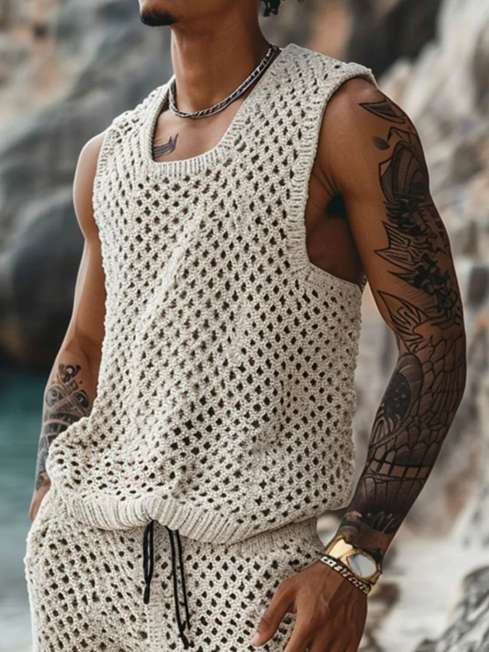 Men's Plus Size Hollow Out Round Neck Tank and Shorts Set - Enfance-Heureuse