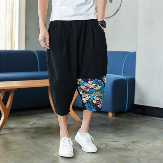 Sinicism Shop Mens Cotton Linen Harem Pants Male Casual Red Bottom Calf-Length Pants Man Summer Harajuku Baggy Loose Pants - Enfance-Heureuse