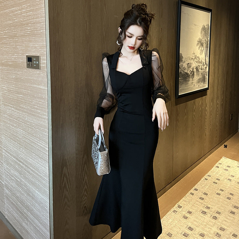 French Style Square Collar Long Dress For Women Hepburn Style Elegant Socialite Mesh Puff Sleeve Fishtail Dress - Enfance-Heureuse