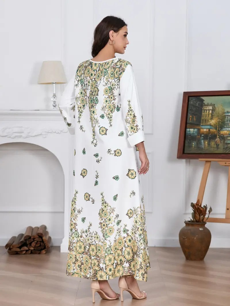 Elegant Flower Diamond Robe Dress - Women's Long Sleeve Round Neck Long Dress - Enfance-Heureuse