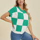 Double Take Full Size Checkered Round Neck Short Sleeve Sweater - Enfance-Heureuse
